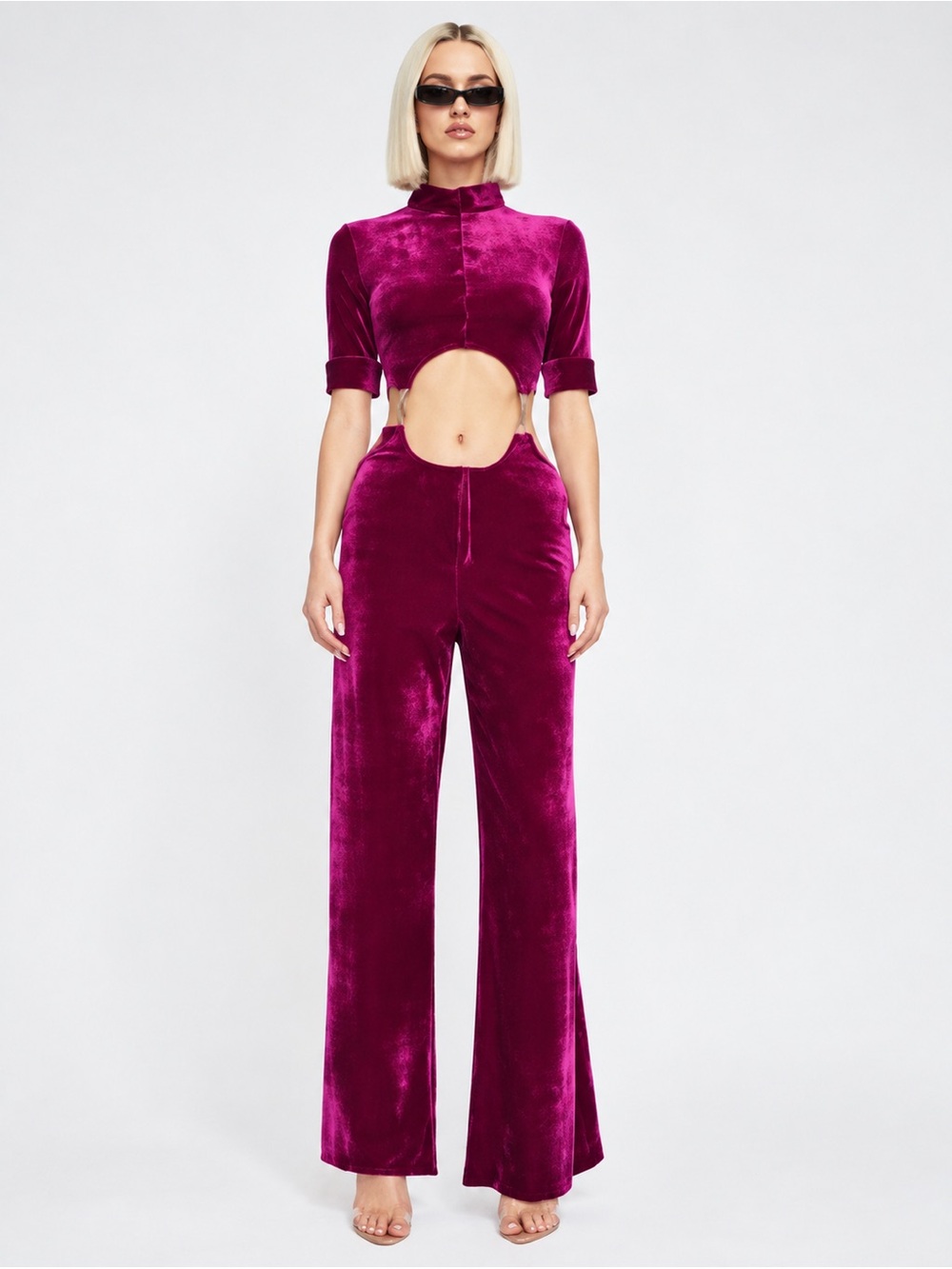 Limited Edition Velvet Cutout Jumpsuit in Magenta